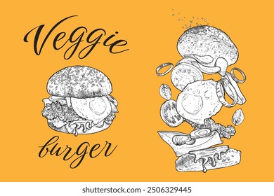 Veggie Burger, Vektorgrafik, handgezeichnet mit schwarzem Umriss und weißer Füllung auf orangefarbenem Hintergrund. Burger mit Tomaten, Gurken, Basilikum, Salat, Zwiebel, veganes Fleisch, Ei. Zutaten werden getrennt gruppiert