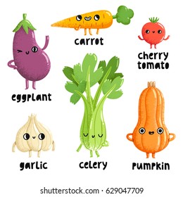 Veggie characters set 1, isolated cartoon vector illustrations