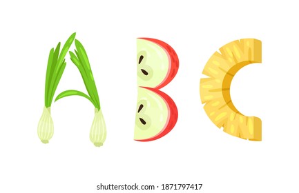 Veggie English Alphabet Letters Made from Fresh Vegetables Vector Set