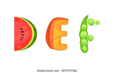 Veggie English Alphabet Letters Made from Fresh Vegetables Vector Set