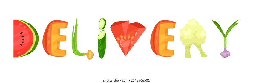 Veggie English Delivery Word mit Alphabet Letters aus frischem Obst und Gemüse Vector Set