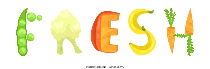 Veggie English Fresh Word with Alphabet Letters Made from Fresh Fruit and Vegetables Vector Set