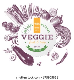 Veggie food emblem illustration. Hand drawn vegetables and spices in vegetables in vintage style. Vector file