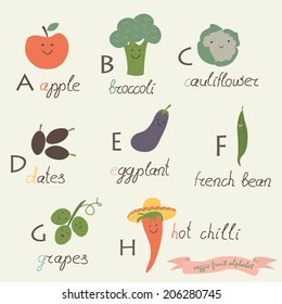 Veggie fruit alphabet. Apple, broccoli, cauliflower, dates, eggplant, french bean, grapes, hot chilli in cartoon style