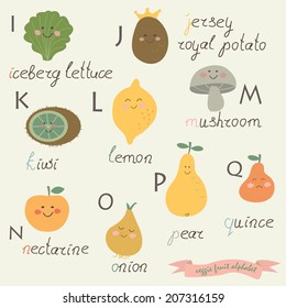 Veggie fruit alphabet. Iceberg lettuce, jersey royal potato, kiwi, lemon, mushroom, nectarine, onion, pear and quince in cartoon style