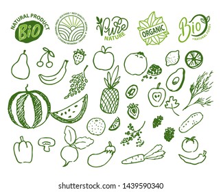 Veggie and fruits set, watermelon and grapes, pear and radish, pepper and mushroom, pineapple and cherry, strawberry ad avocado bio ingredients meal