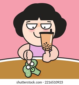 Veggie Hater Girl Giving A Thumbs Down Gesture To Broccoli And A Thumbs Up To A Cup Of bubble Milk Tea Concept Card Character illustration