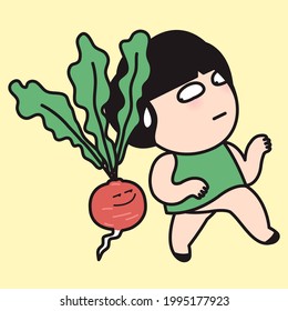 Veggie Hater Girl is Keeping Herself Away From A Cheeky Radish Concept Card Character illustration