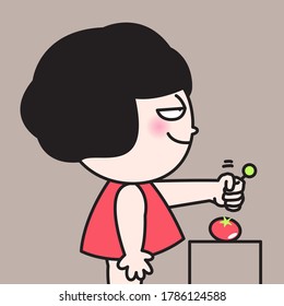 Veggie Hater Girl With Lollipop In Hand Hitting Tomato On Table Concept Card Character illustration