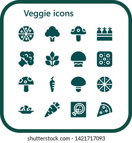 veggie icon set. 16 filled veggie icons.  Collection Of - Pizza, Broccoli, Mushroom, Carrots, Spinach, Carrot