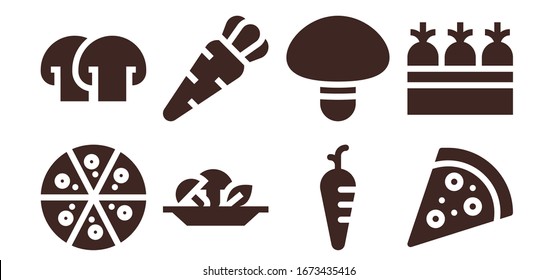 veggie icon set. 8 filled veggie icons.  Simple modern icons such as: Pizza, Mushroom, Carrot, Carrots