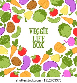 Veggie Life box. Vegetables. Broccoli, carrots, lettuce, tomato, cucumber, pumpkin, radish, potatoes, peppers, eggplant. Vector square frame.