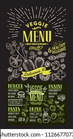 Veggie menu for restaurant. Vector food flyer for bar and cafe. Design template on chalkboard background with food hand-drawn graphic illustrations.