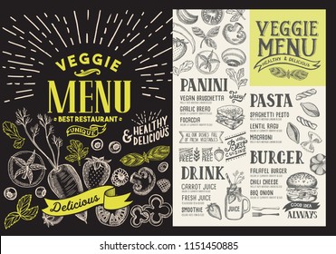 Menú vegetariano para el restaurante. Volante de vectores para bar y cafetería. Plantilla de diseño en pizarra con ilustraciones gráficas hechas a mano.