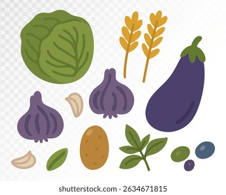 Veggie Patch with Colorful Eggplant and Garlic, Perfect for Garden and Food Art, Hand-Drawn Vector Illustration.