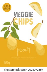 Veggie pear chips packaging design. Vector pears in cartoon style. Bright pear fruits. Healthy organic natural food and pear slices with seeds for autumn farm market design.