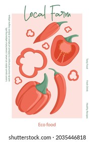 Veggie pepper from local farm packaging design. Vector bell peppers cartoon illustration. Healthy organic natural chili and bell pepper slices for autumn farm market design.