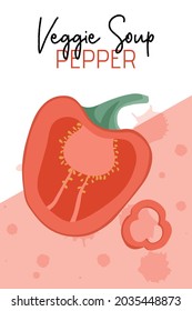 Diseño de empaque de sopa de verduras. Ilustración de dibujos animados de pimientos de campana de vectores. Sanos cortes de pimiento natural orgánico para el diseño del mercado agrícola de otoño.
