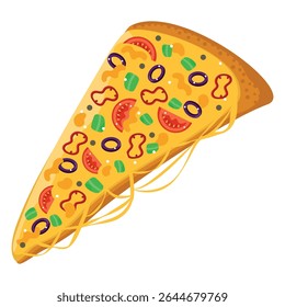 Fatia de pizza vegetariana com puxão de queijo. Imagem vetorial.