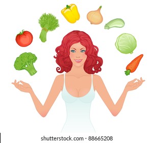 Veggie red girl juggling vegetables isolated on white