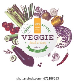 Emblema redondo vegetariano con verduras de mano brillante. Ilustración del vector