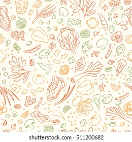 Veggie Seamless Pattern With Vegetables. Food Vector Background