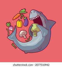 Veggie Shark Eating Vegetable Vector Illustration. Food, Animal, Nutrition Design Concept.