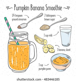 Veggie smoothie recipe. Pumpkin and banana  smoothie healthy eating drink for vegetarians
