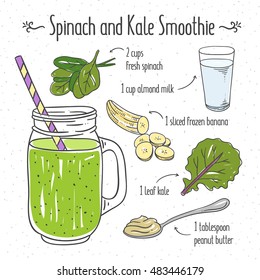 Veggie smoothie recipe. Spinach and kale green smoothie healthy eating drink  for vegetarians
