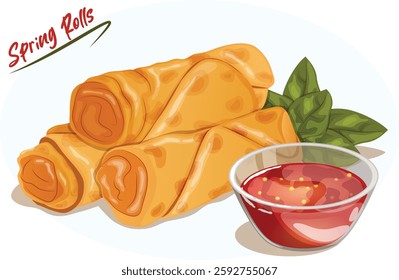 Veggie Spring Rolls with Basil and Sweet Chili Sauce Isolated Graphic. Traditional Chinese Dim Sum Street Snacks.