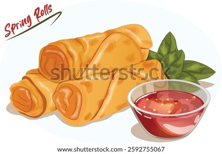 Veggie Spring Rolls with Basil and Sweet Chili Sauce Isolated Graphic. Traditional Chinese Dim Sum Street Snacks.