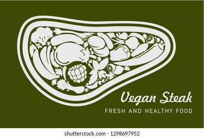 Veggie steak consisting of vegetables, fruits and herbs on a dark green background