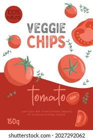 Veggie tomato chips or juice packaging design. Vector tomatoes cartoon illustration. Healthy organic tomato slices and rosemary for autumn farm market design.