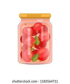 Veggie winter preservation in screw-cap glass jar. Tomato vegetable with bay leaf, whole pepper and dill spicery flat vector illustration isolated.