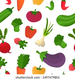 Veggies cartoon seamless pattern with  colorful vegetables - carrot, chilli paper, radish, bell pepper, squash, beet, eggplant, broccoli, tomato. Isolated, bright colors, white background.