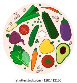 Veggies colourful set. Organic ingredients round composition. Vector cliparts. Flat style. 