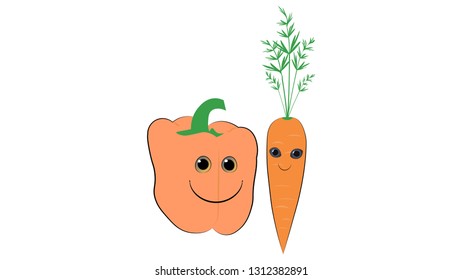 Veggies cute characters: carrot, pepper. Smile stickers. Smiling foods with faces