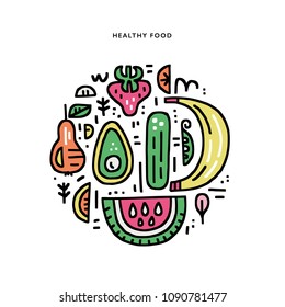 Veggies and fruits handdrawn vector illustration made in circle. Organic and healthy food concept. Doodle style illustration for advertisments, signboards, menu and web banner designs.
