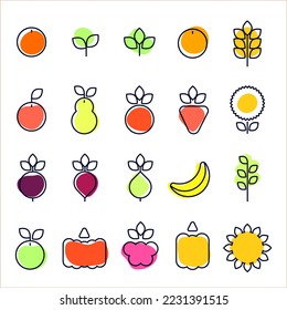 Veggies icon set. Simple, modern style icons of vegetables, fruits, cereals. Outline symbol food icon collection. Cartoon flat botanical design elements illustration. Horticulturist plant growing and 