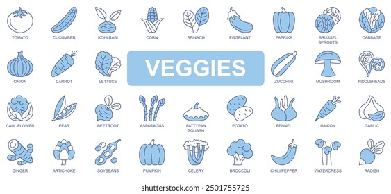 Iconos de verduras en diseño de trazo de contorno duotono para el Web. Empaque pictogramas de tomate, pepino, maíz, espinacas, pimentón, coles de Bruselas, repollo, cebolla, zanahoria, champiñones, otros. Ilustración vectorial.