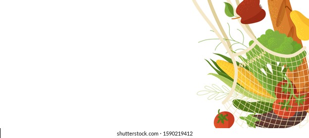 Veggies in mesh shopping bag flat vector illustration. Eco friendly handbag with vegetables and fruits. Organic produce, bakery and greens in recyclable pack isolated on white background