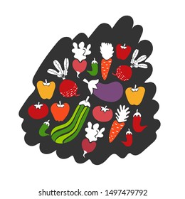 Veggies modern design set, colorful  vegetables and white elements - carrot,  radish, bell and chilli pepper, squash, beet, eggplant, broccoli, tomato. Dark background, nice bright veggies collection.
