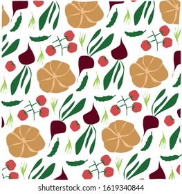 Veggies pattern with pumpkin, beet, tomatoes and cucumber.