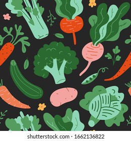 veggies pattern, seamless background with hand drawn doodle vegetables, Flat cartoon illustrations of broccoli, cabbage, beet root and celery. Vegetarian healthy food, vector texture.