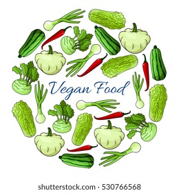 Veggies poster. Vegan organic vegetables nutrition food. Greens of cabbage, kohlrabi, zucchini, squash, pepper, leek designed in round circle shape for vegetarian cuisine and healthy food cooking.