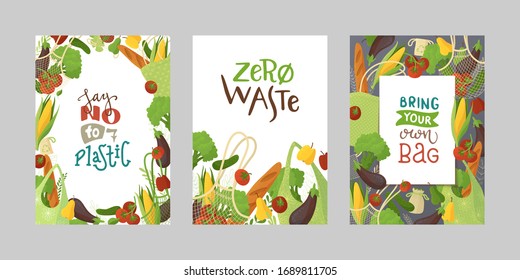 Veggies in recyclable packages vector banners set. Textile reusable shopping bags with fresh greens flat illustrations. Blank vegetable borders collection. Healthy produce in eco handbags