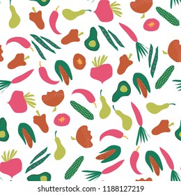 Veggies seamless background for your design. Carrot, avocado, pepper, tomatoes 