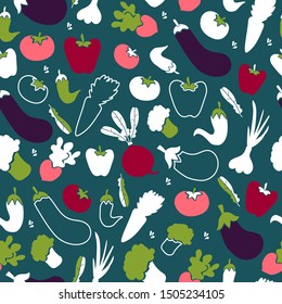 Veggies seamless pattern, colorful vegetables - carrot,  radish, pepper, squash, beet, eggplant, broccoli, tomato. Crimson, pink, green veggies with white elements, stroke, outline.Modern paper design