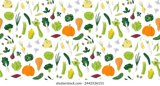 Veggies seamless pattern. Pumpkins and greens horizontal background design. Wrapping paper and packing print. Local farm ripe products isolated on white. Vegetables hand drawn flat vector illustration
