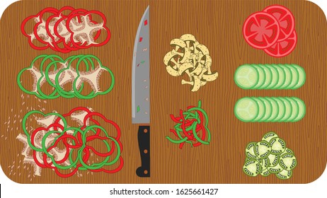 Veggies sliced and diced on a wooden cutting board.  All object layers and in groups for easy Isolation.